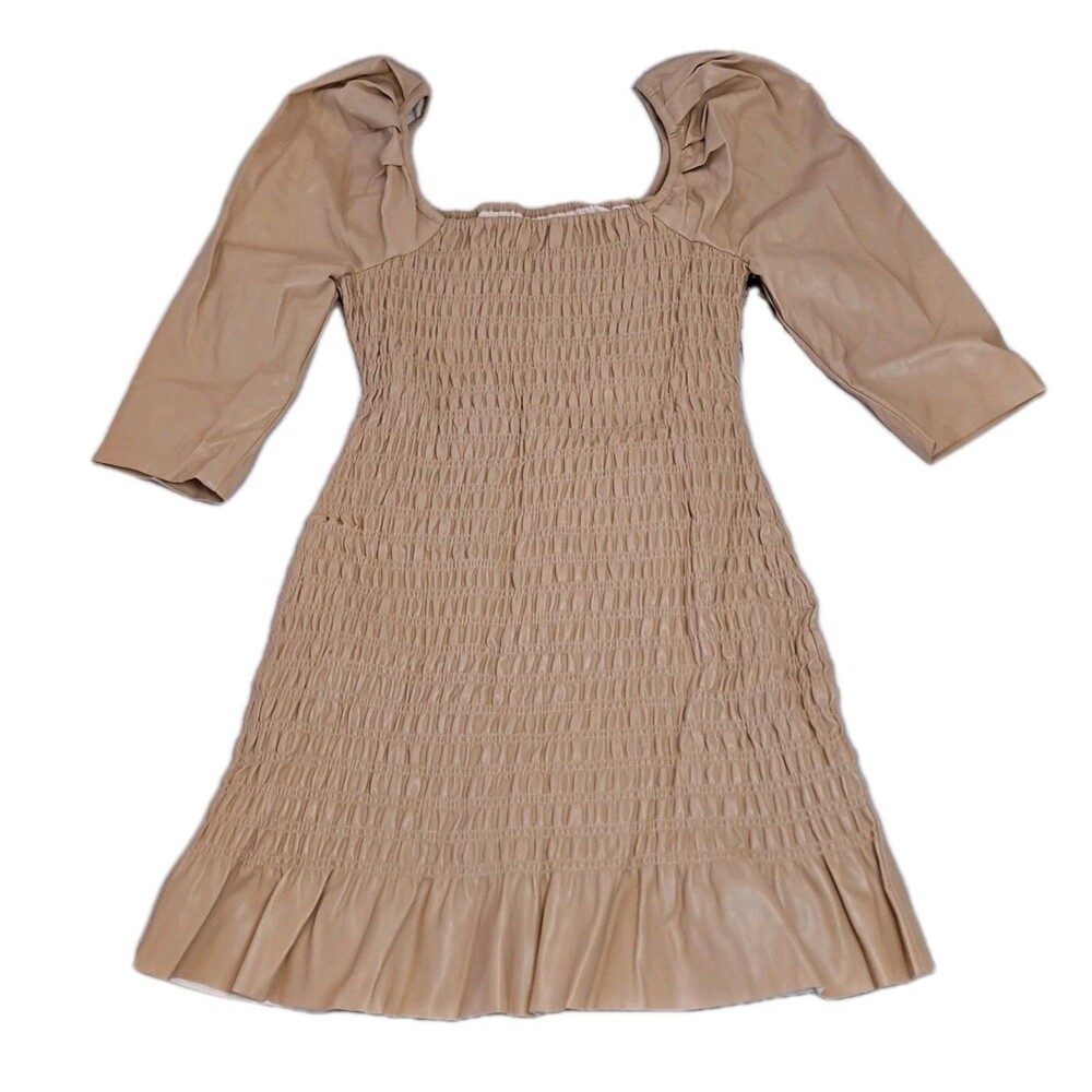 Saylor Women's Justina Faux Leather Mini Dress Size L Taupe Smocked Puff Sleeve
